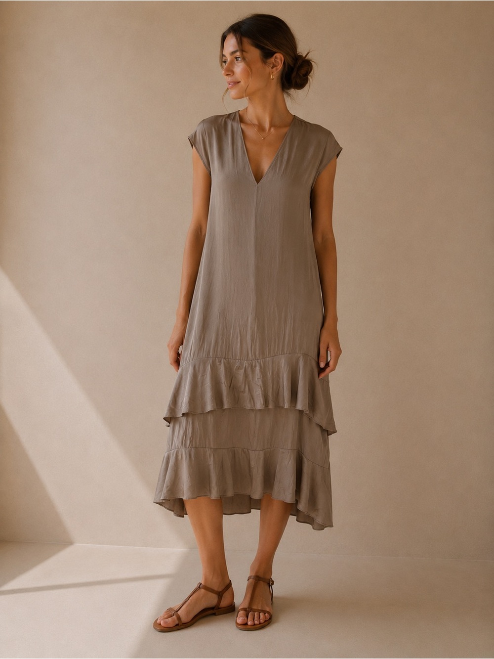 OAK + Fort Taupe Tiered Ruffle Midi Dress Size 3/ Medium V-Neck Minimalist Boho